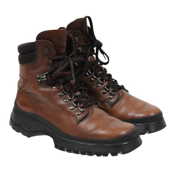 Prada Mens Combat Hiking Boots US 8.5 UK7.5 Brown Leather Lug Sole Hook Eye Lace - Picture 1 of 11